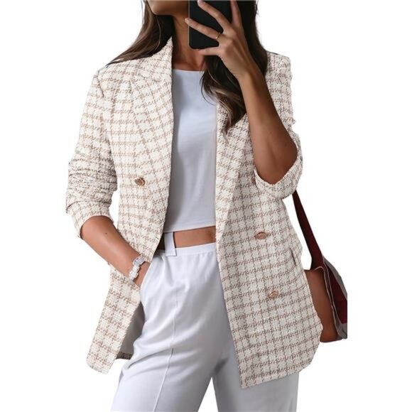 Women's Plaid Tweed Blazer Long Sleeve Double Breasted Open Front Jacket Suit - Picture 1 of 7